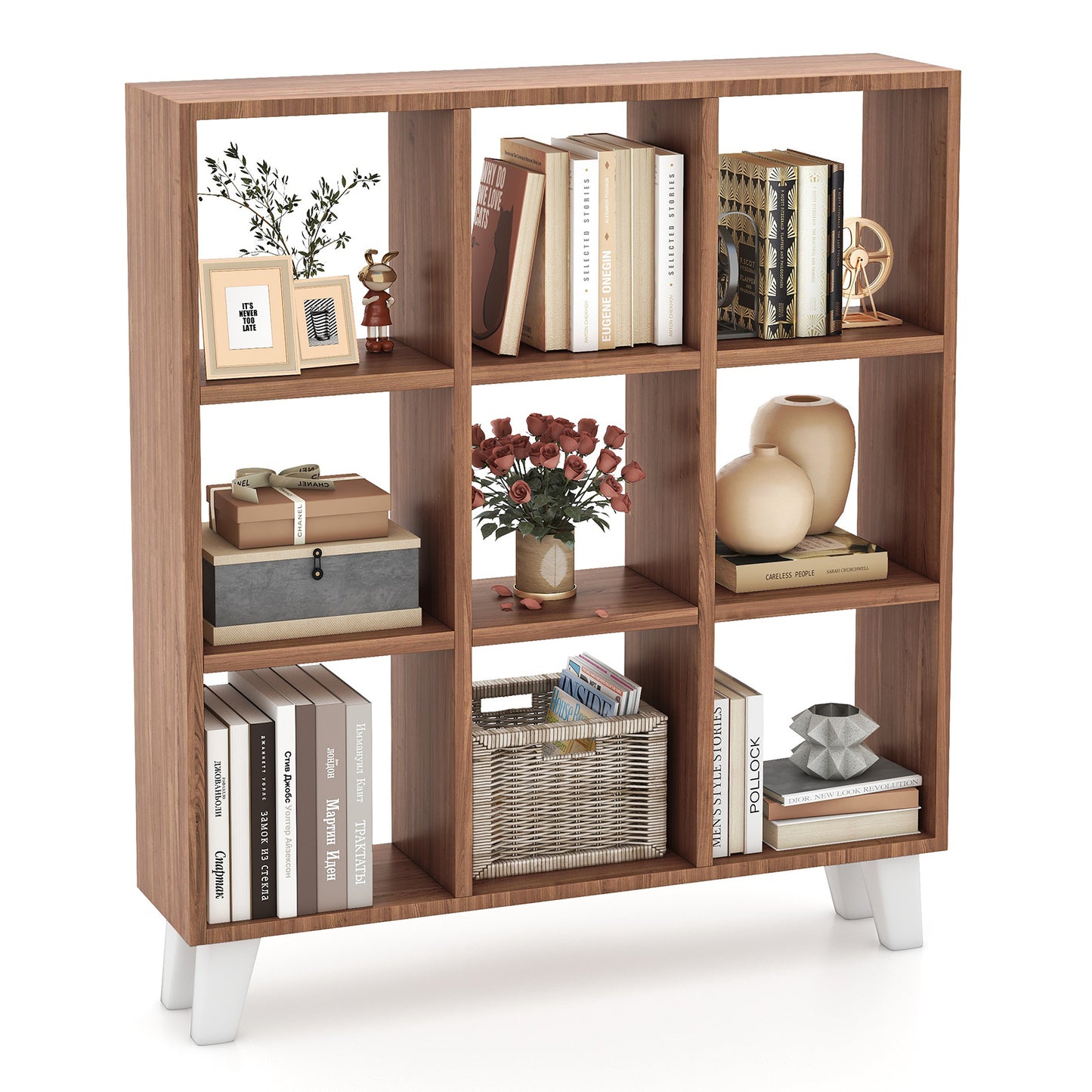 9-Cube Bookcase with 6 Removable Shelves and Raised Support Feet-Brown Kids Crystal