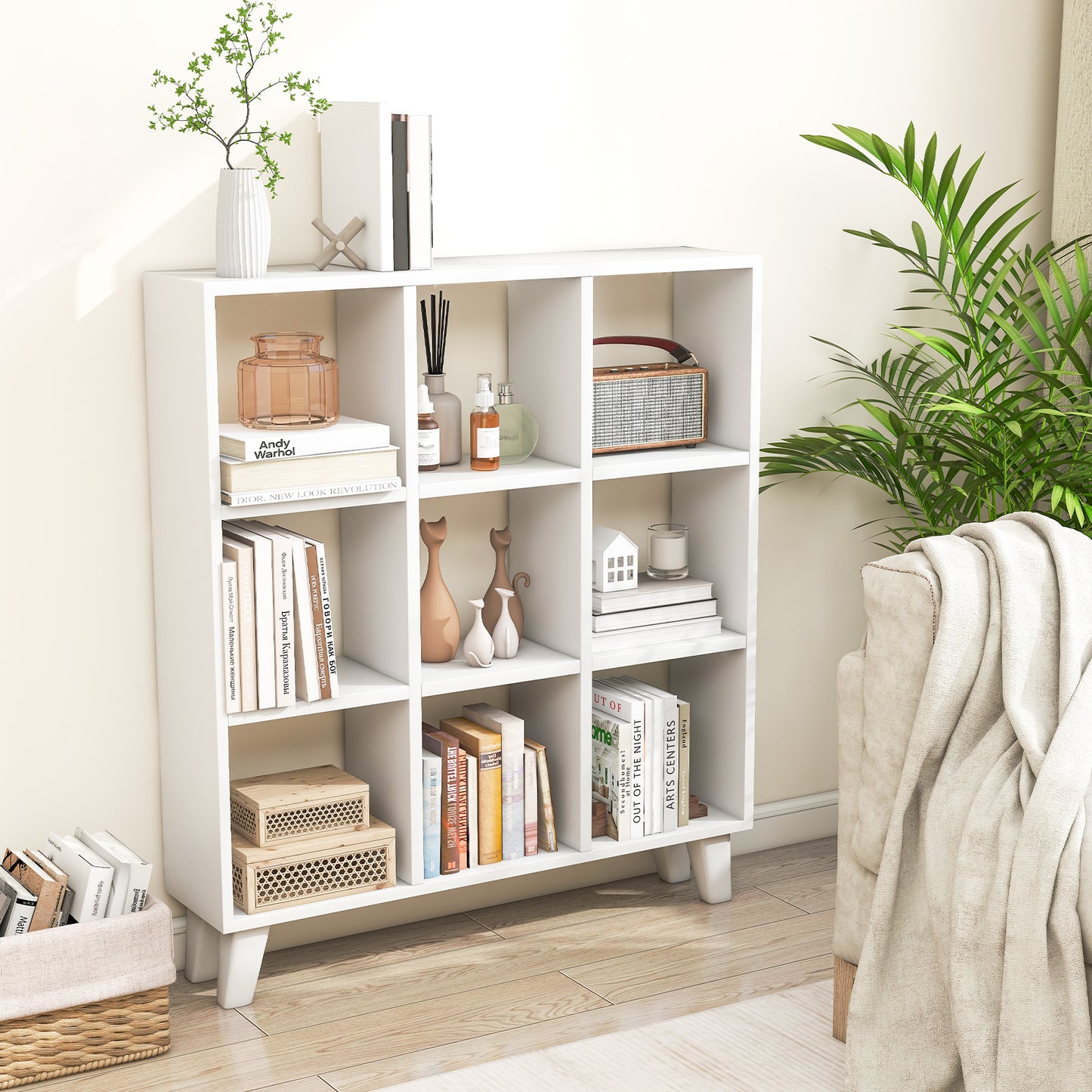 9-Cube Bookcase with 6 Removable Shelves and Raised Support Feet-White Kids Crystal