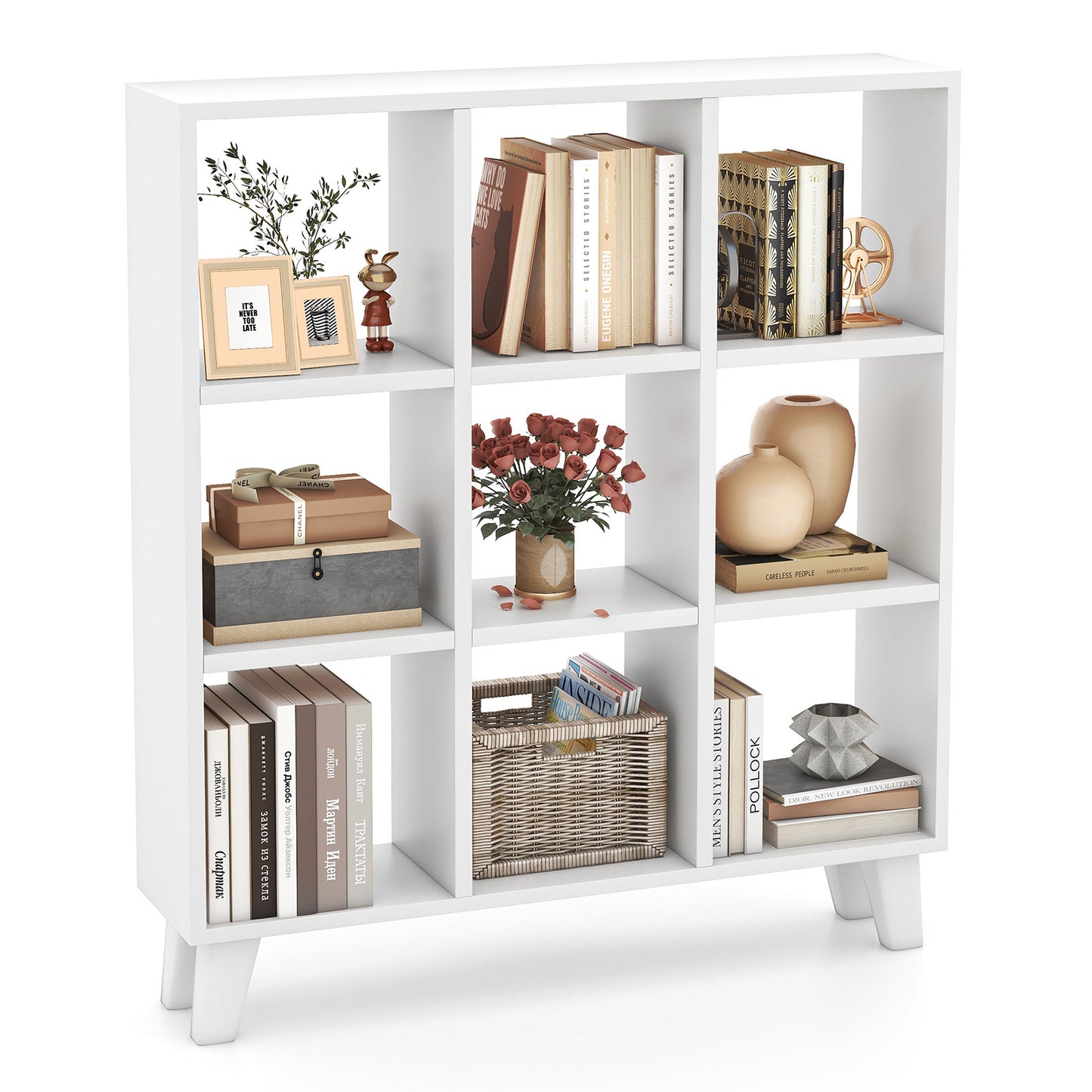 9-Cube Bookcase with 6 Removable Shelves and Raised Support Feet-White Kids Crystal