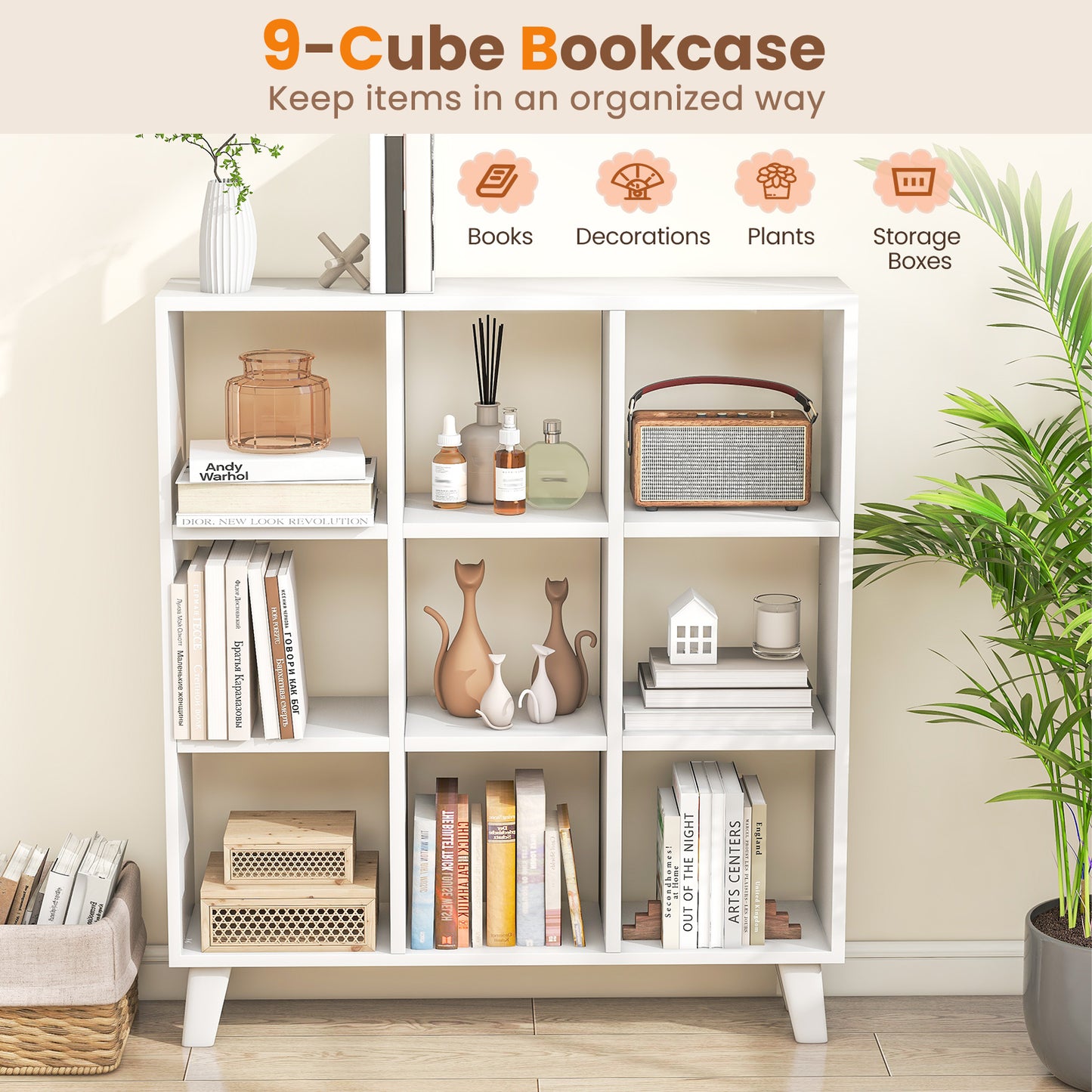 9-Cube Bookcase with 6 Removable Shelves and Raised Support Feet-White Kids Crystal