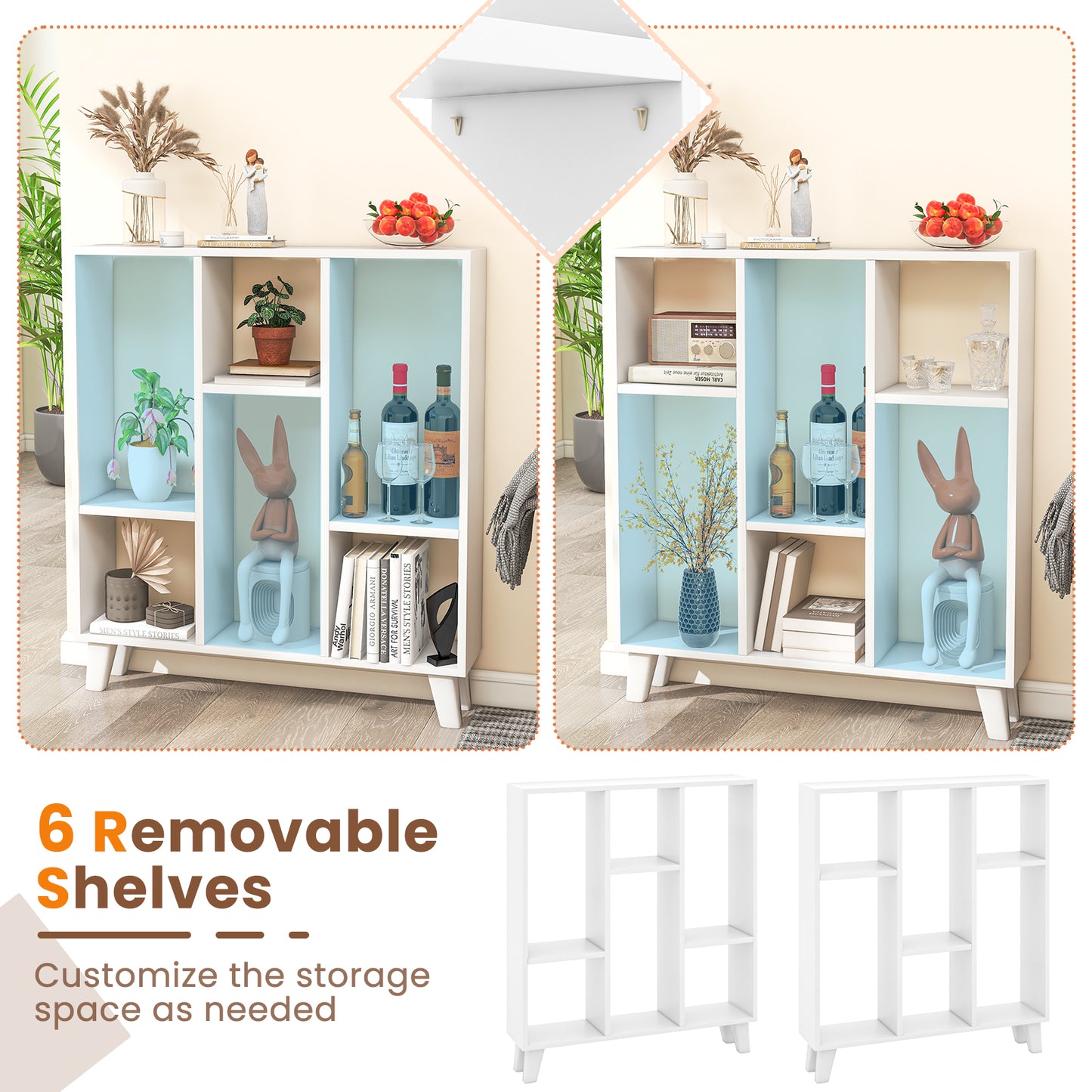 9-Cube Bookcase with 6 Removable Shelves and Raised Support Feet-White Kids Crystal