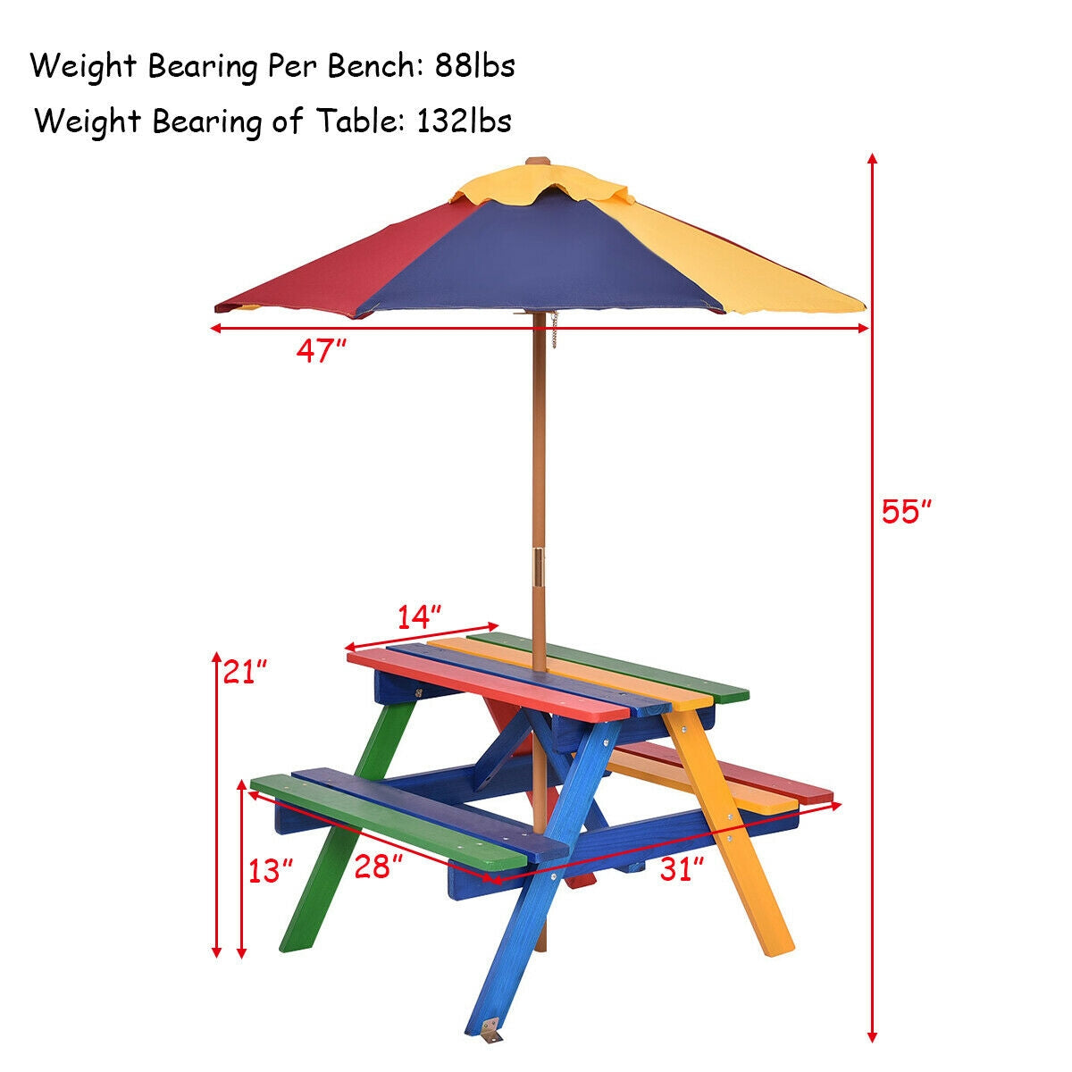 4 Seat Kids Picnic Table with Umbrella-Multicolor Kids Crystal