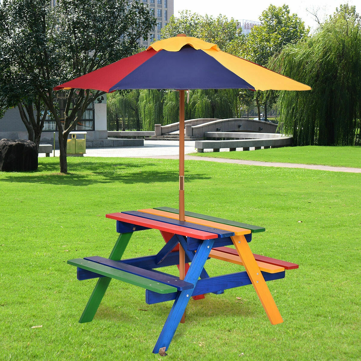 4 Seat Kids Picnic Table with Umbrella-Multicolor Kids Crystal