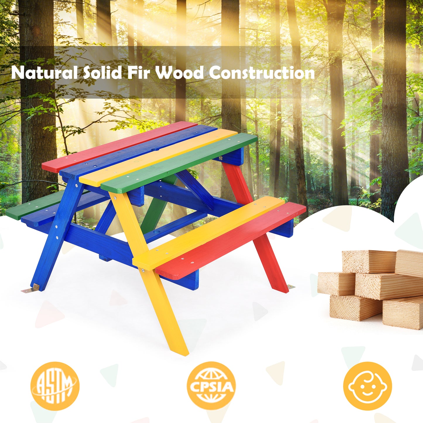 4 Seat Kids Picnic Table with Umbrella-Multicolor Kids Crystal