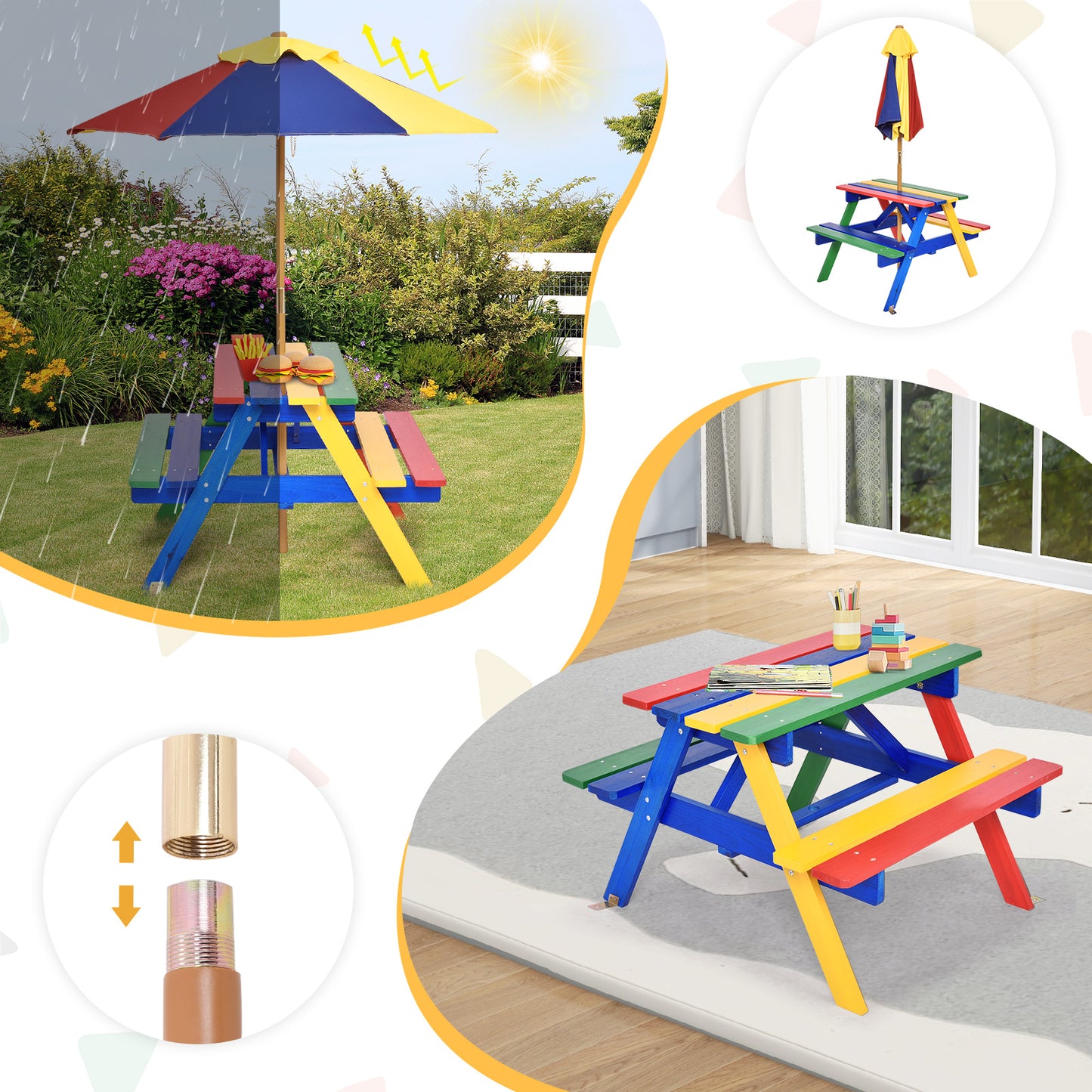 4 Seat Kids Picnic Table with Umbrella-Multicolor Kids Crystal