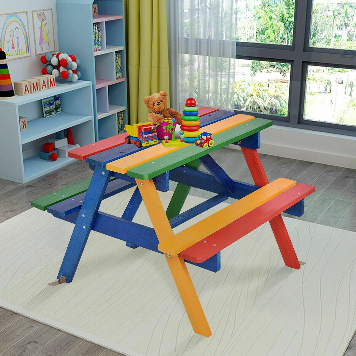 4 Seat Kids Picnic Table with Umbrella-Multicolor Kids Crystal