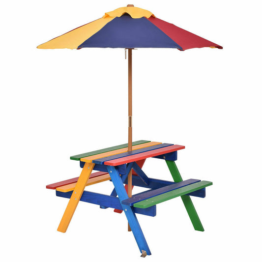4 Seat Kids Picnic Table with Umbrella-Multicolor Kids Crystal