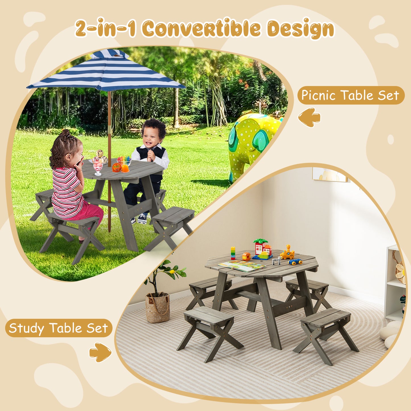 Kids Wooden Table Set for Children Aged 3+ Years-Gray Kids Crystal