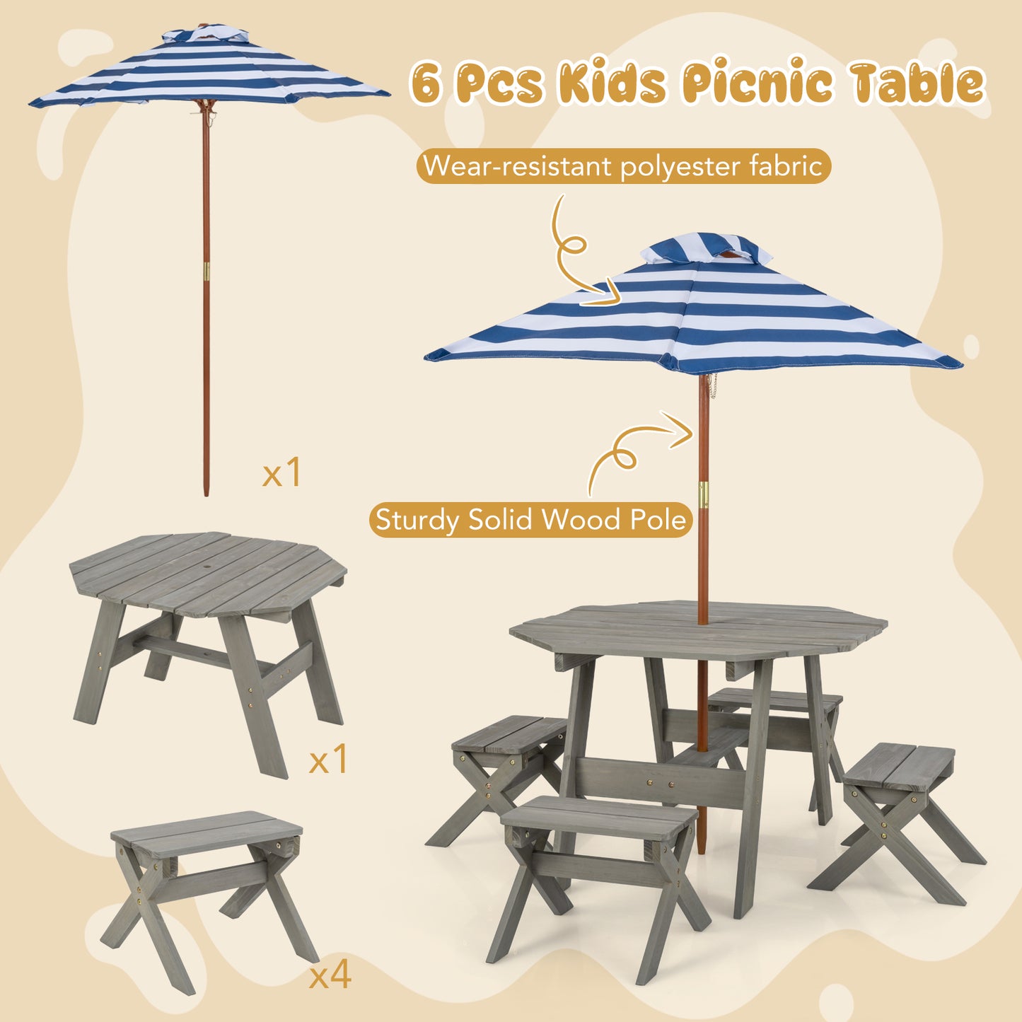 Kids Wooden Table Set for Children Aged 3+ Years-Gray Kids Crystal