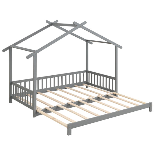 Extendable House Bed Twin to King Daybed with Roof and Fence Rails-Gray Kids Crystal