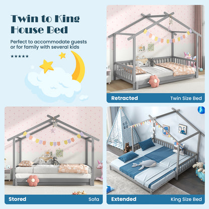 Extendable House Bed Twin to King Daybed with Roof and Fence Rails-Gray