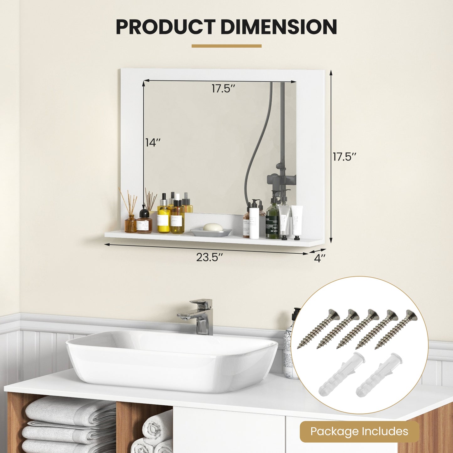 Rectangle Bathroom Mirror with Shelf 23.5 x 17.5 Inch and Wood Frame-White Kids Crystal