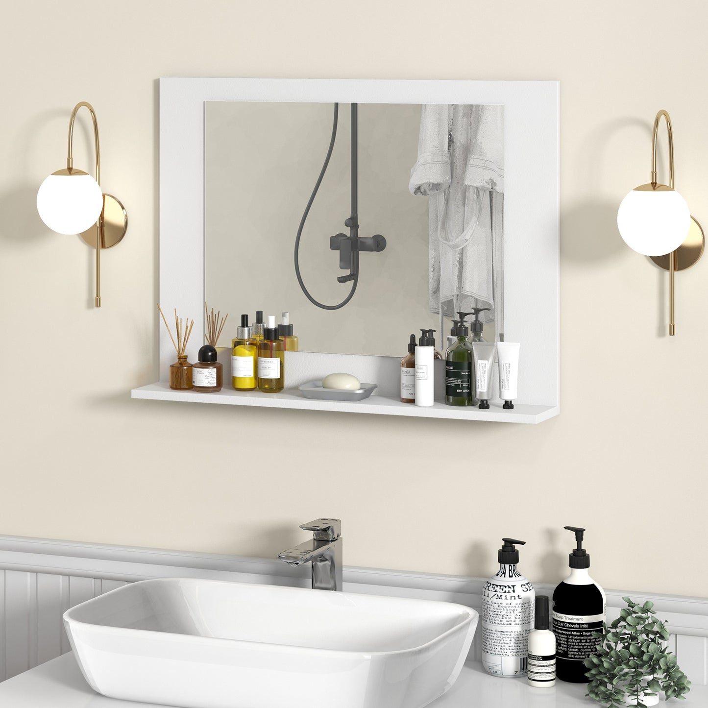 Rectangle Bathroom Mirror with Shelf 23.5 x 17.5 Inch and Wood Frame-White Kids Crystal