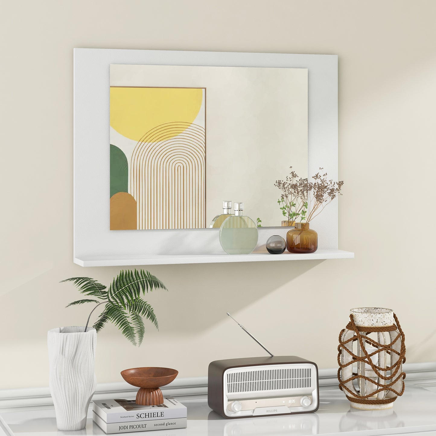Rectangle Bathroom Mirror with Shelf 23.5 x 17.5 Inch and Wood Frame-White Kids Crystal