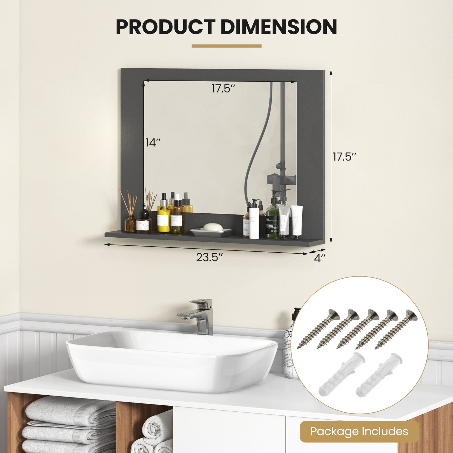 Rectangle Bathroom Mirror with Shelf 23.5 x 17.5 Inch and Wood Frame-Gray Kids Crystal