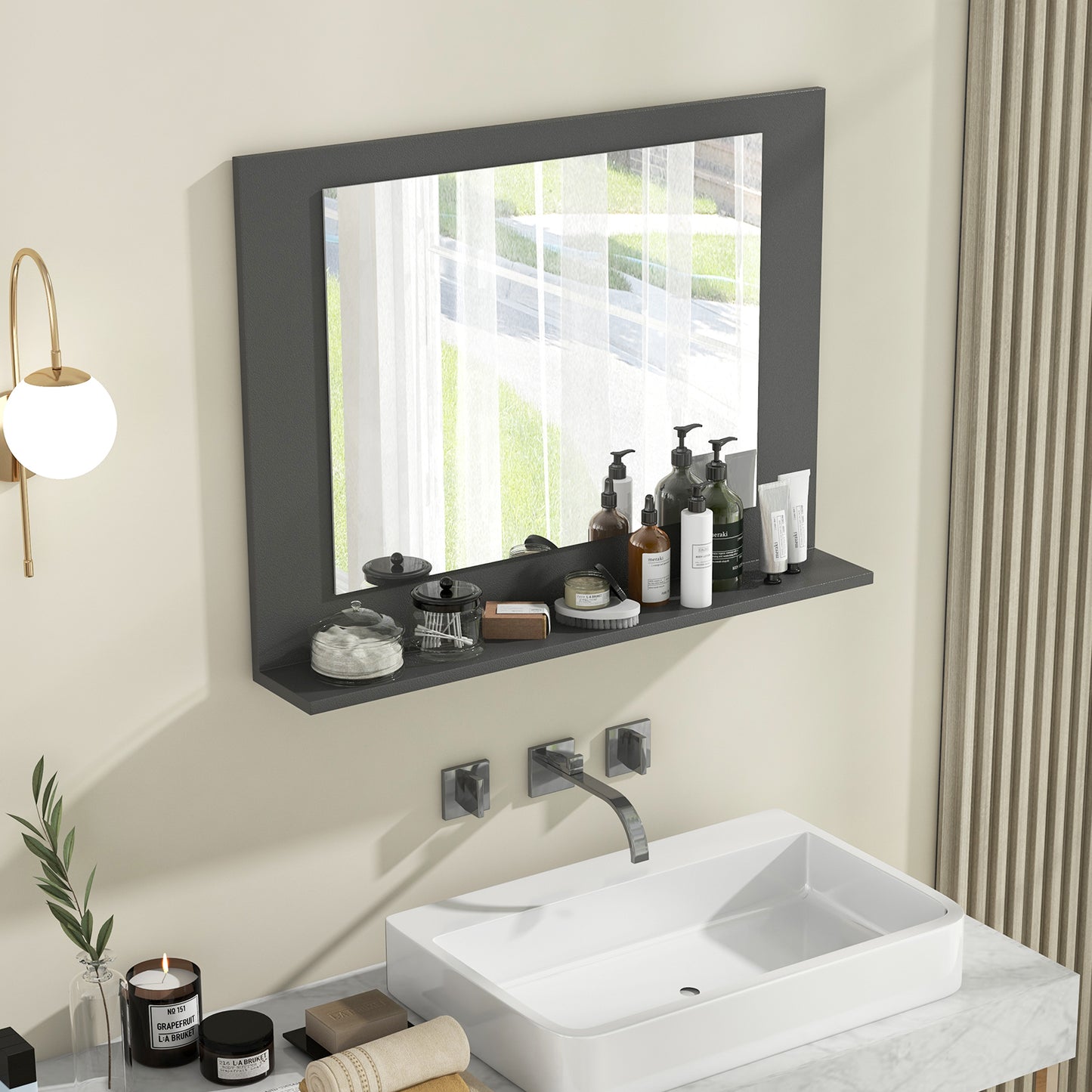 Rectangle Bathroom Mirror with Shelf 23.5 x 17.5 Inch and Wood Frame-Gray Kids Crystal
