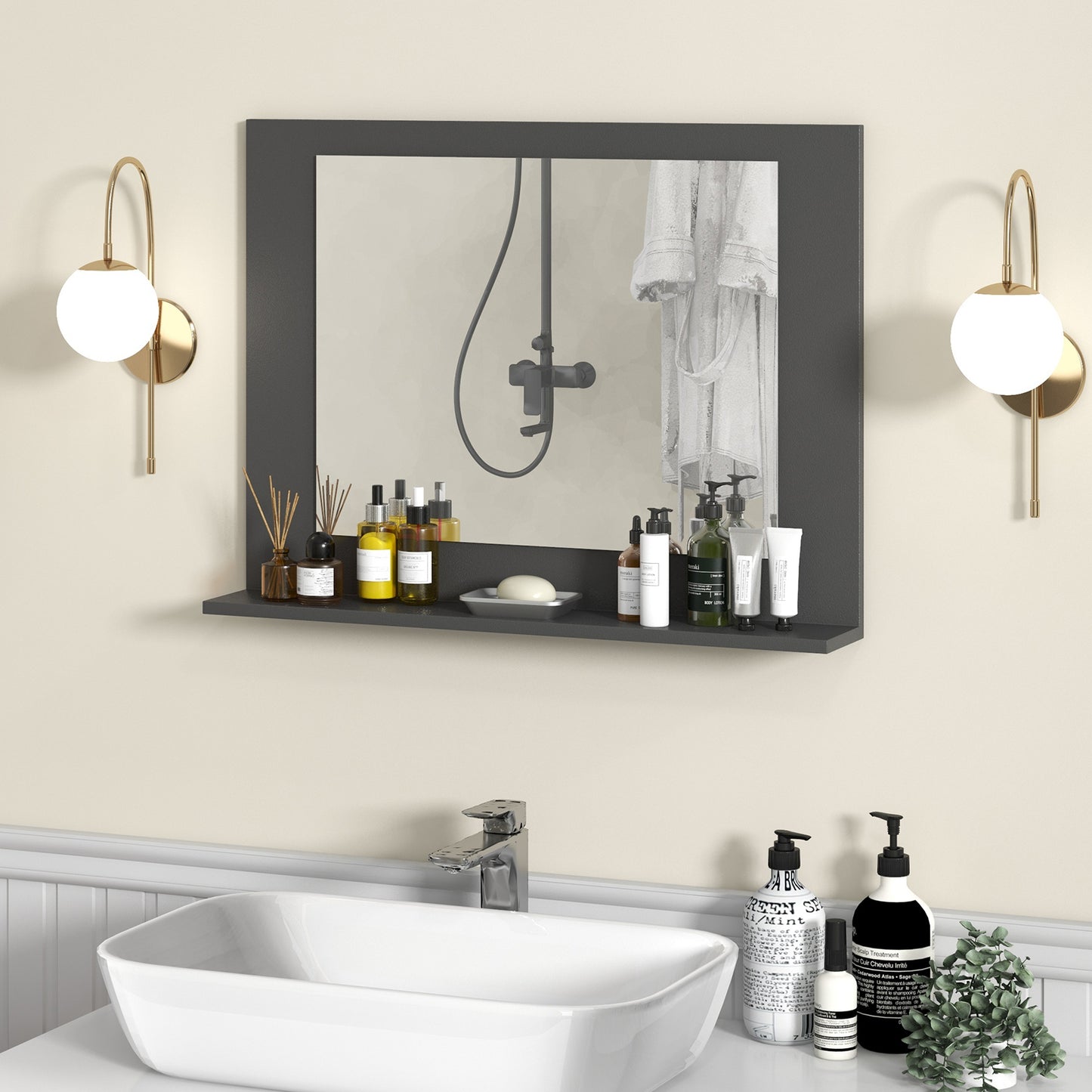 Rectangle Bathroom Mirror with Shelf 23.5 x 17.5 Inch and Wood Frame-Gray Kids Crystal