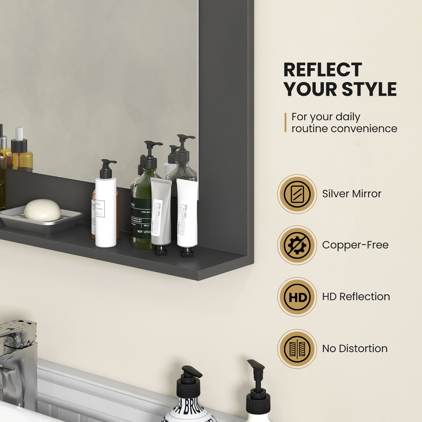 Rectangle Bathroom Mirror with Shelf 23.5 x 17.5 Inch and Wood Frame-Gray Kids Crystal