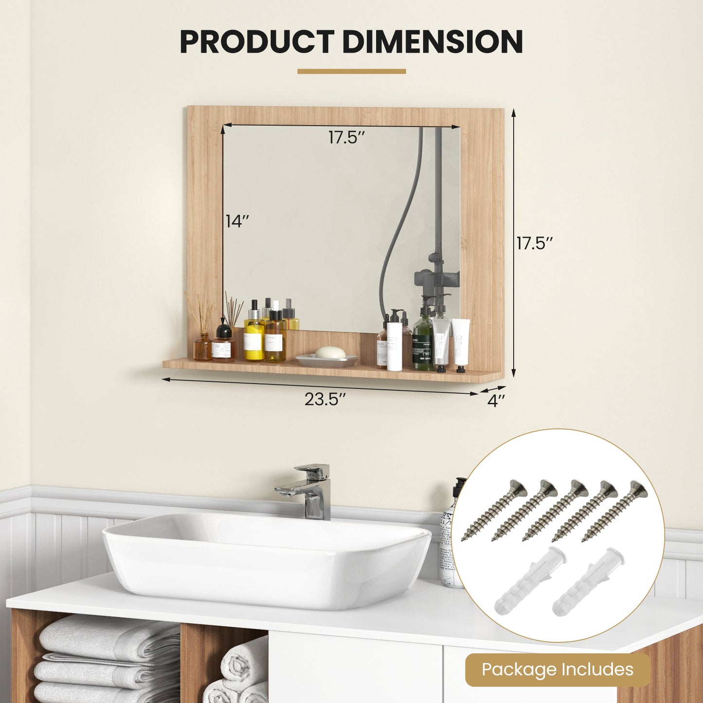 Rectangle Bathroom Mirror with Shelf 23.5 x 17.5 Inch and Wood Frame-Brown Kids Crystal