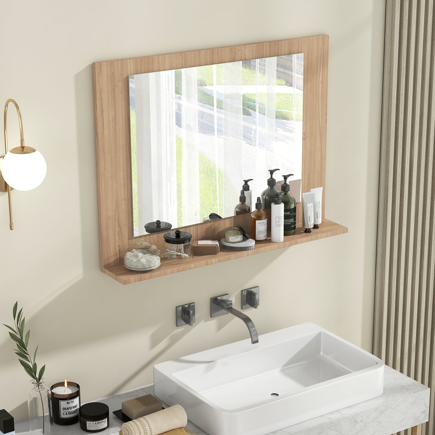 Rectangle Bathroom Mirror with Shelf 23.5 x 17.5 Inch and Wood Frame-Brown Kids Crystal