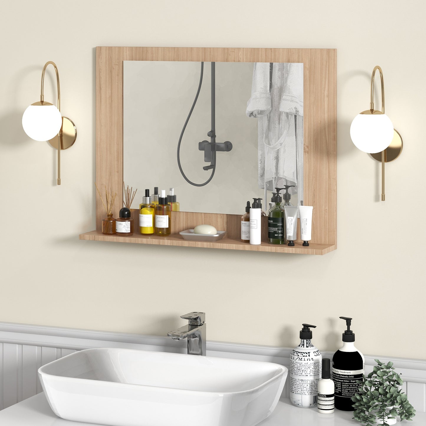 Rectangle Bathroom Mirror with Shelf 23.5 x 17.5 Inch and Wood Frame-Brown Kids Crystal