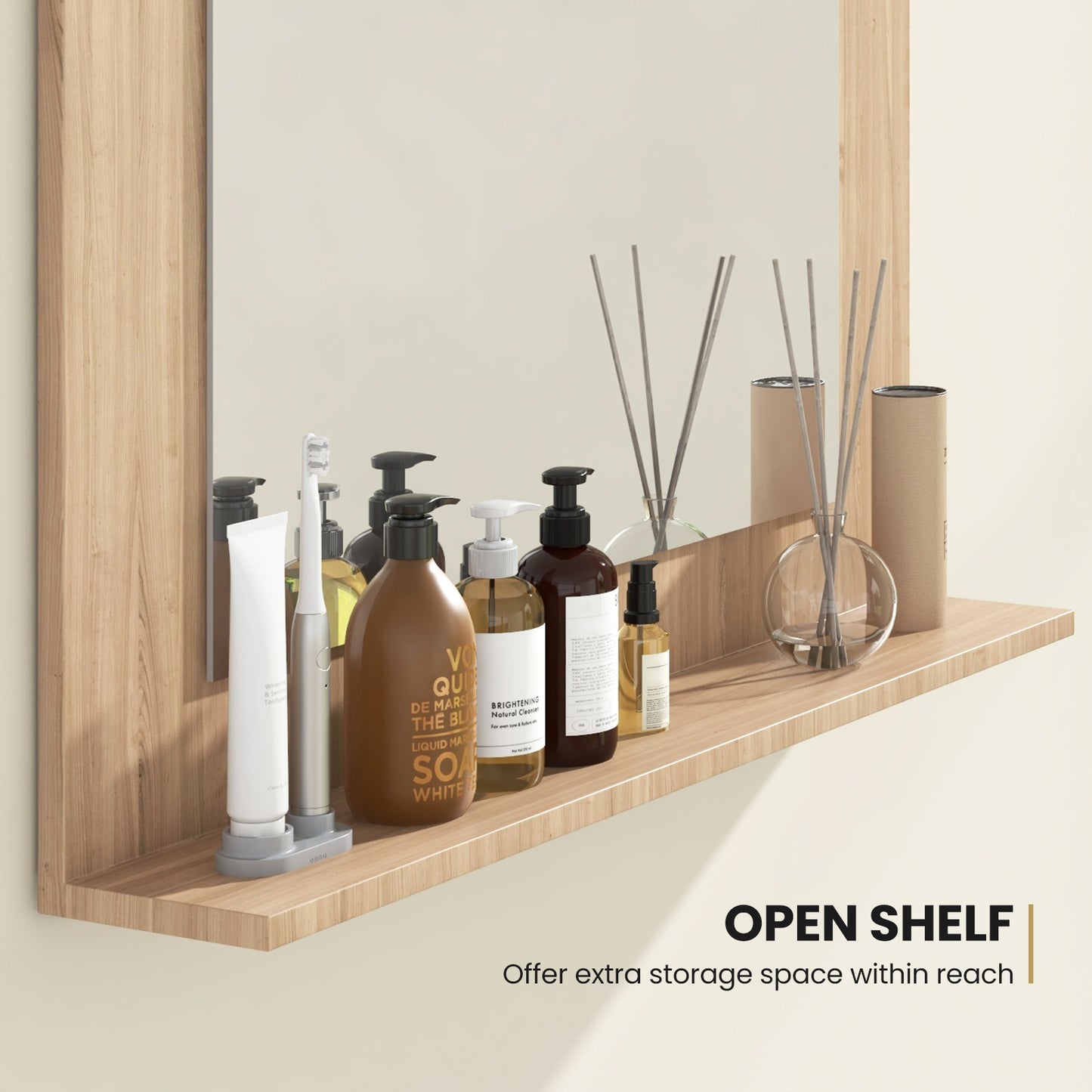 Rectangle Bathroom Mirror with Shelf 23.5 x 17.5 Inch and Wood Frame-Brown Kids Crystal