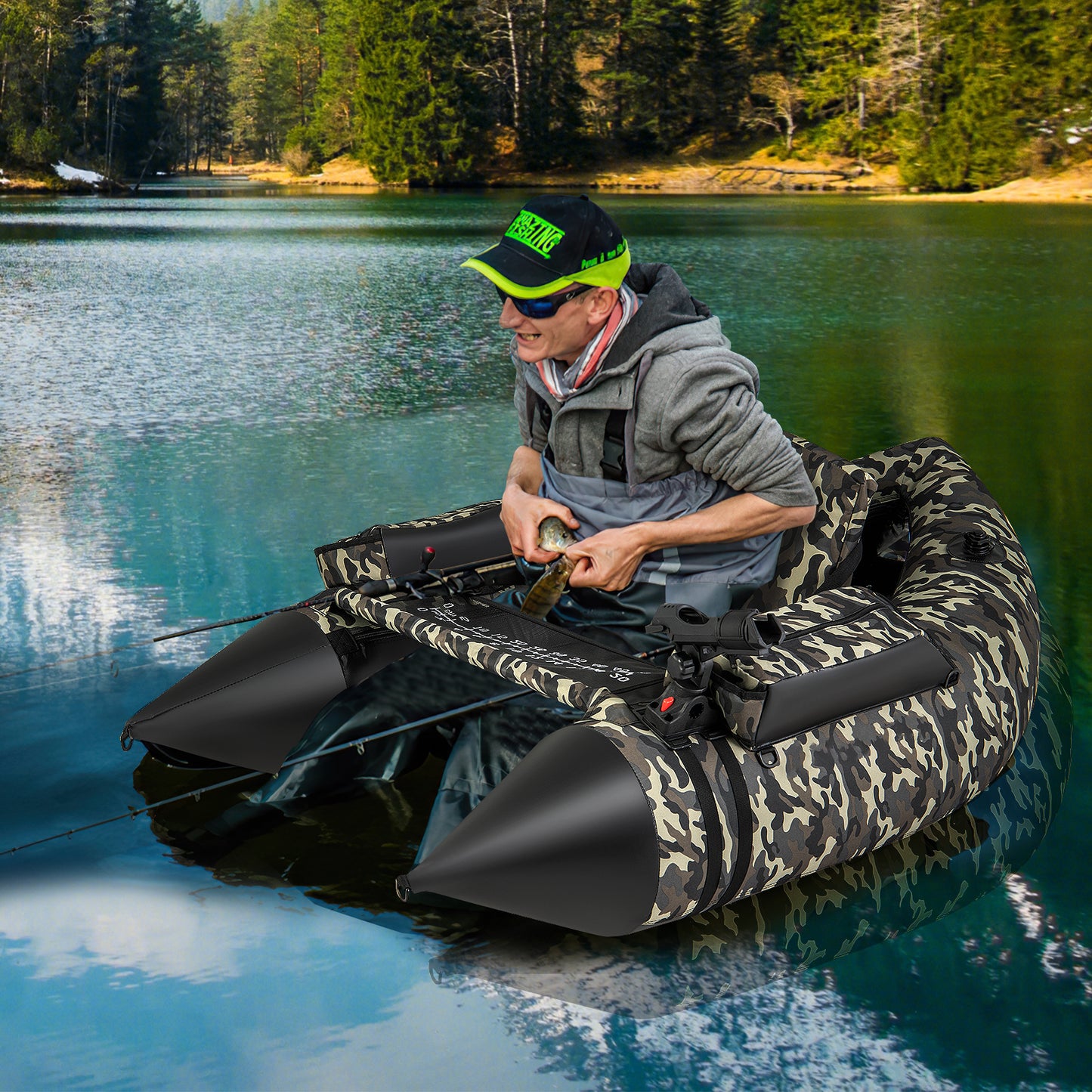 350 LBS Inflatable Fishing Float Tube with Adjustable Backrest and Backpack Straps-Camouflage Kids Crystal
