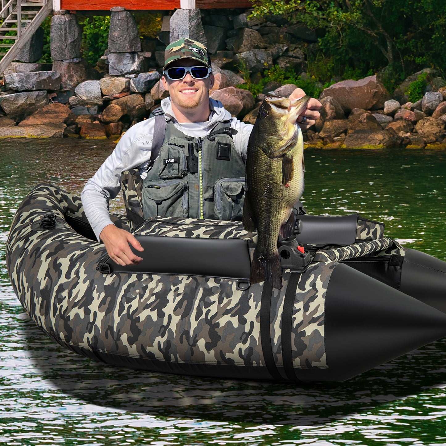 350 LBS Inflatable Fishing Float Tube with Adjustable Backrest and Backpack Straps-Camouflage Kids Crystal