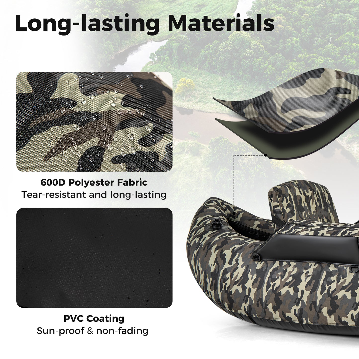 350 LBS Inflatable Fishing Float Tube with Adjustable Backrest and Backpack Straps-Camouflage Kids Crystal