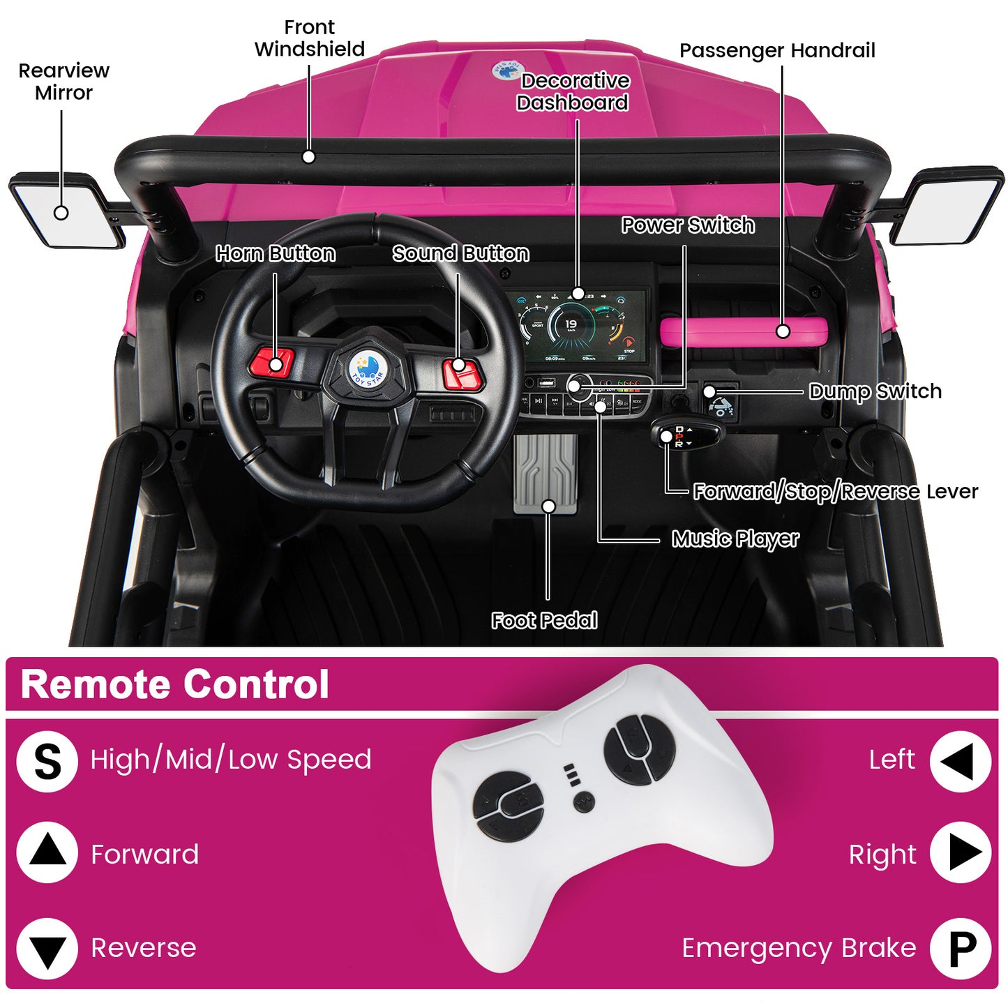 24V Ride on Dump Truck with Remote Control-Pink