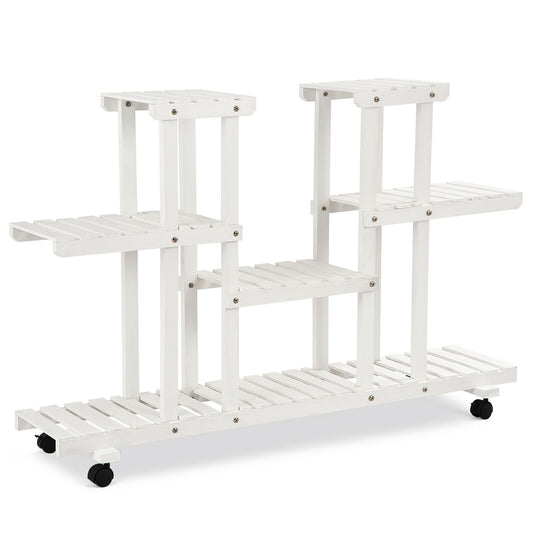 4-Tier Wood Casters Rolling Shelf Plant Stand with 6 Wood Shelves-White Kids Crystal