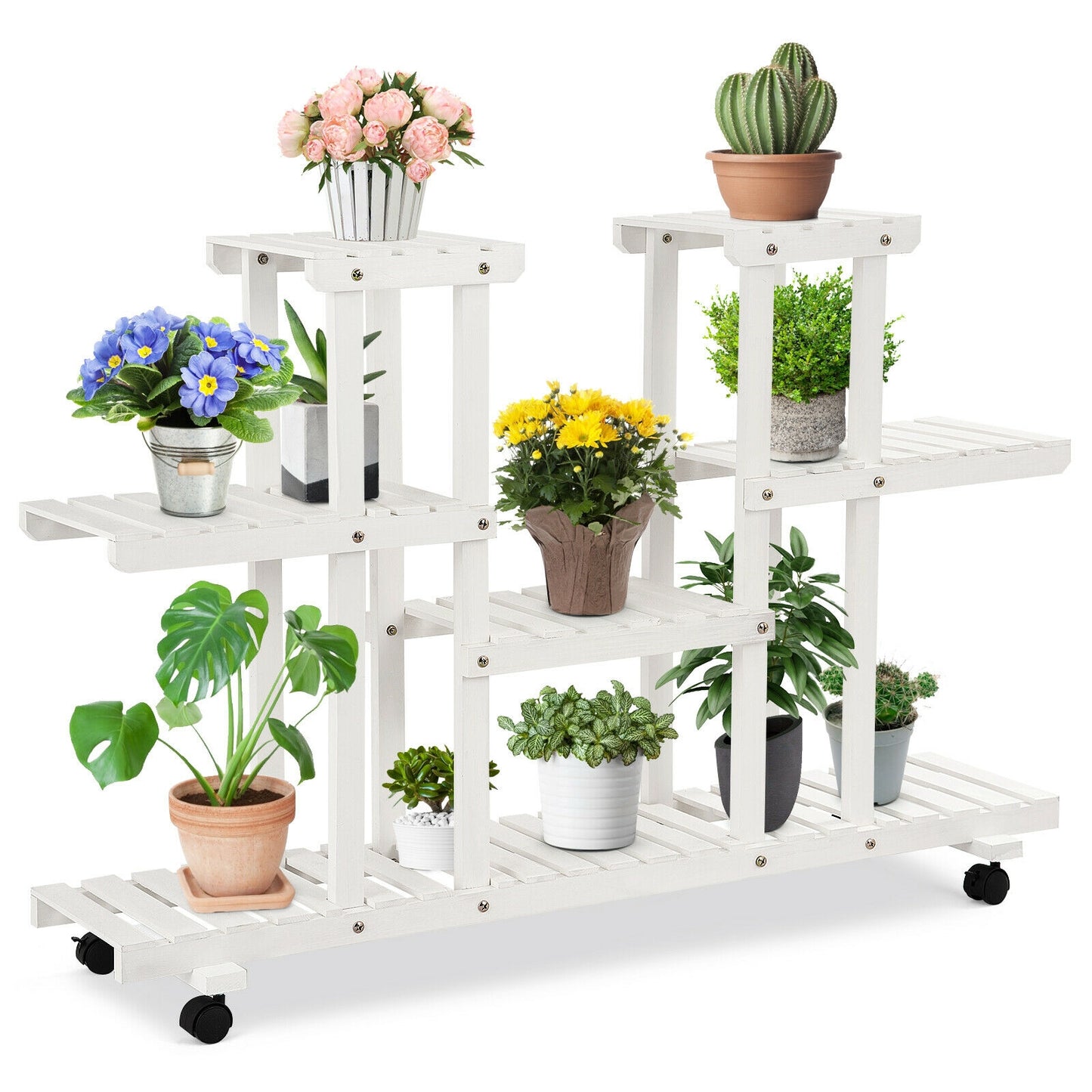 4-Tier Wood Casters Rolling Shelf Plant Stand with 6 Wood Shelves-White Kids Crystal