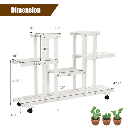 4-Tier Wood Casters Rolling Shelf Plant Stand with 6 Wood Shelves-White