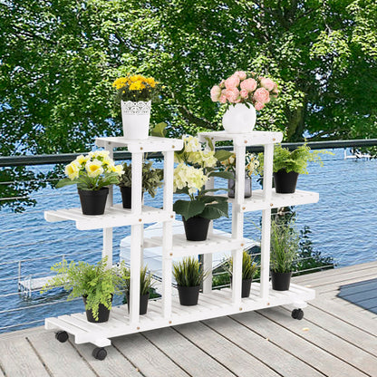 4-Tier Wood Casters Rolling Shelf Plant Stand with 6 Wood Shelves-White