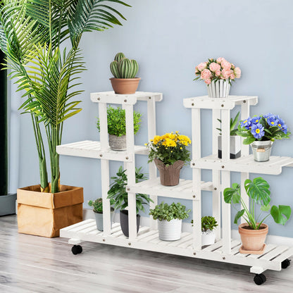 4-Tier Wood Casters Rolling Shelf Plant Stand with 6 Wood Shelves-White