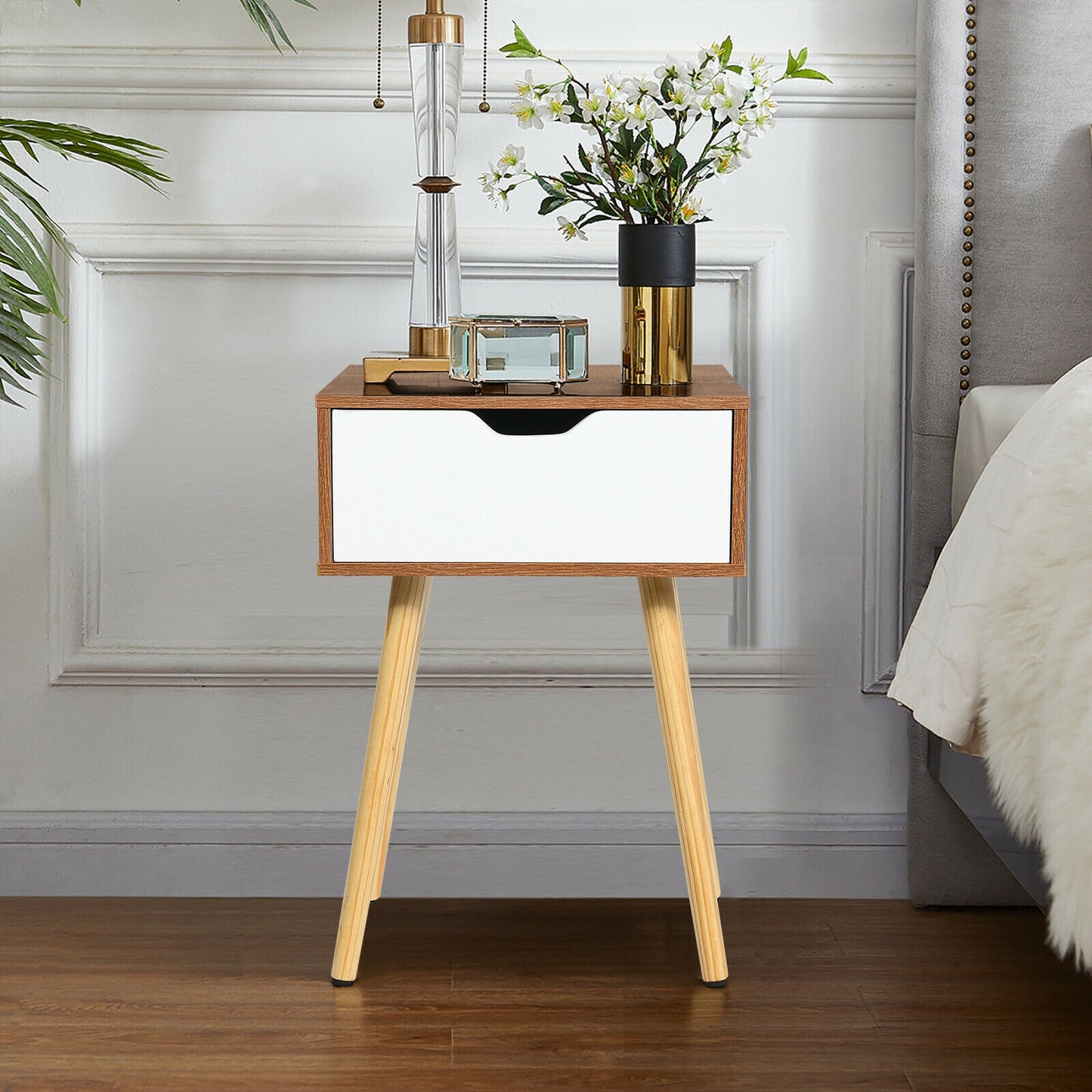 End Side Storage Drawer Nightstand with Solid Wooden Leg Kids Crystal