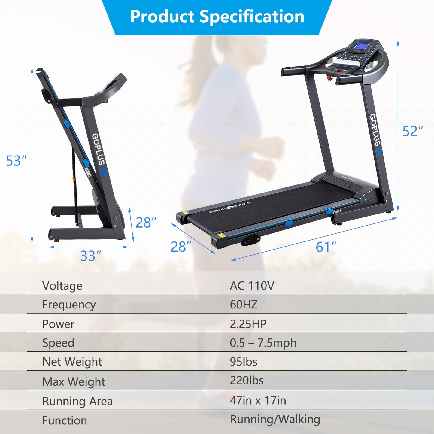 2.25 HP Folding Electric Motorized Power Treadmill with Blue Backlit LCD Display Kids Crystal