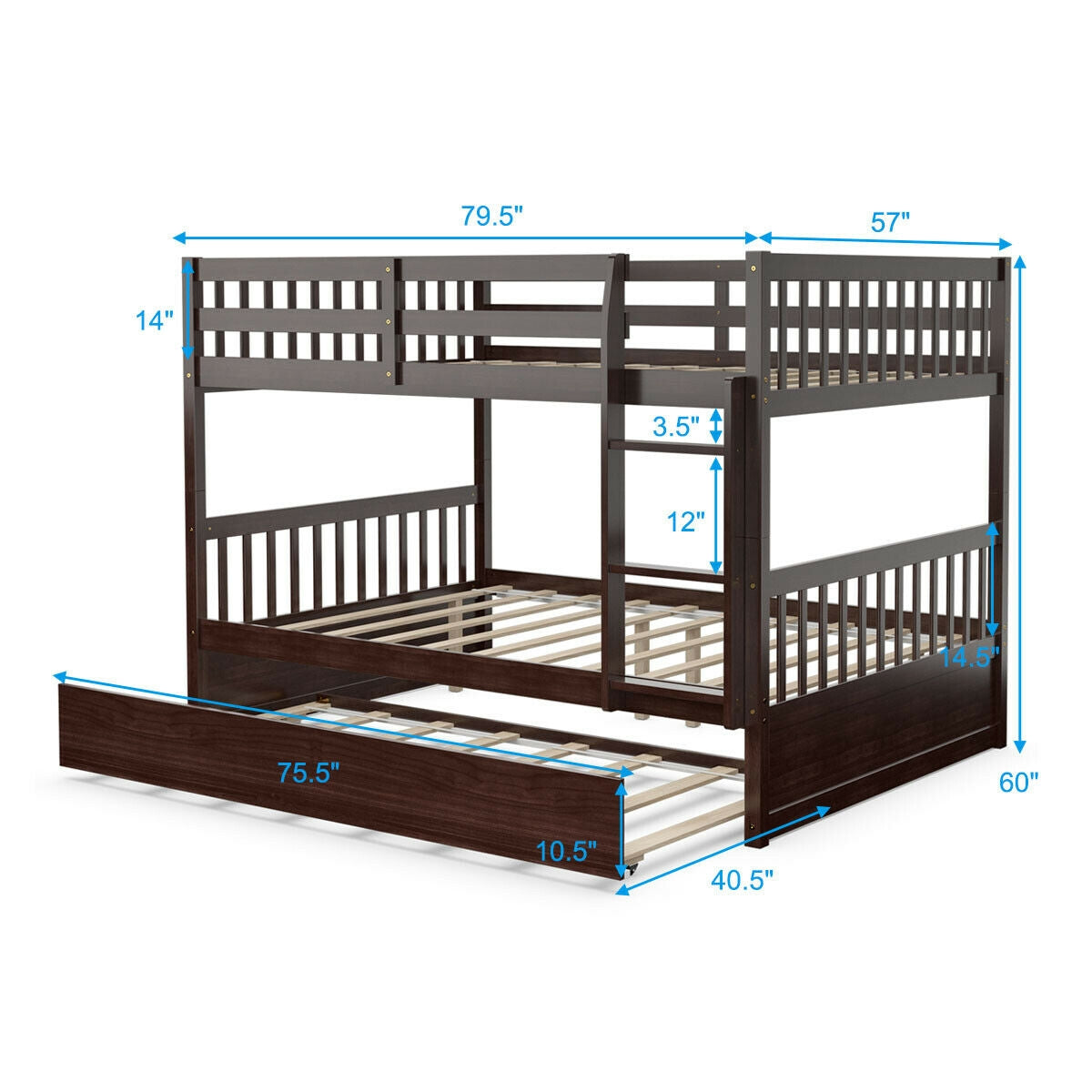 Full over Full Bunk Bed Platform Wood Bed-Brown Kids Crystal