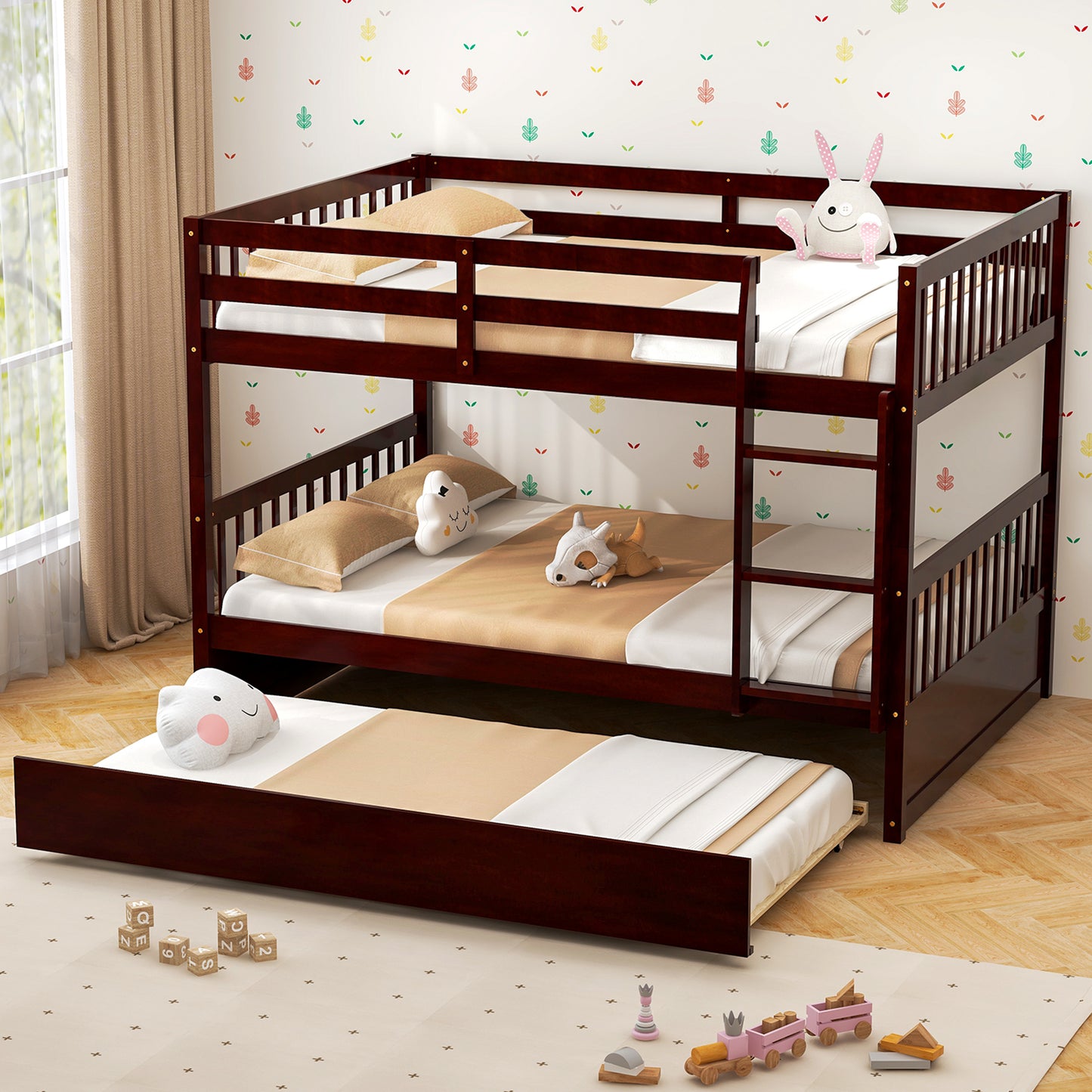 Full over Full Bunk Bed Platform Wood Bed-Brown Kids Crystal