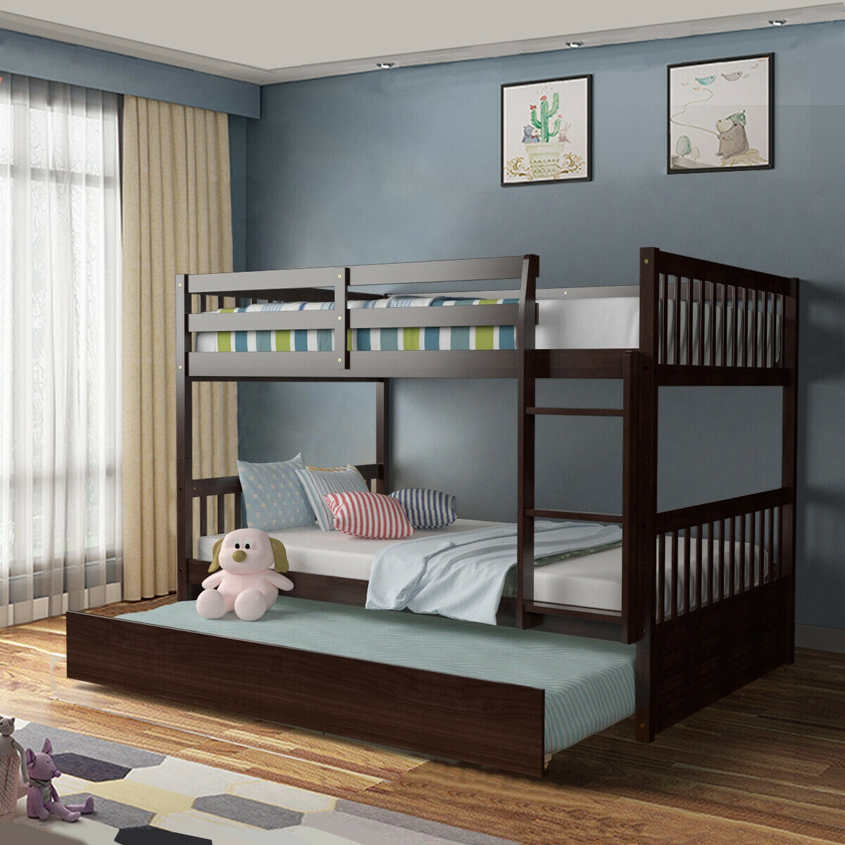 Full over Full Bunk Bed Platform Wood Bed-Brown Kids Crystal