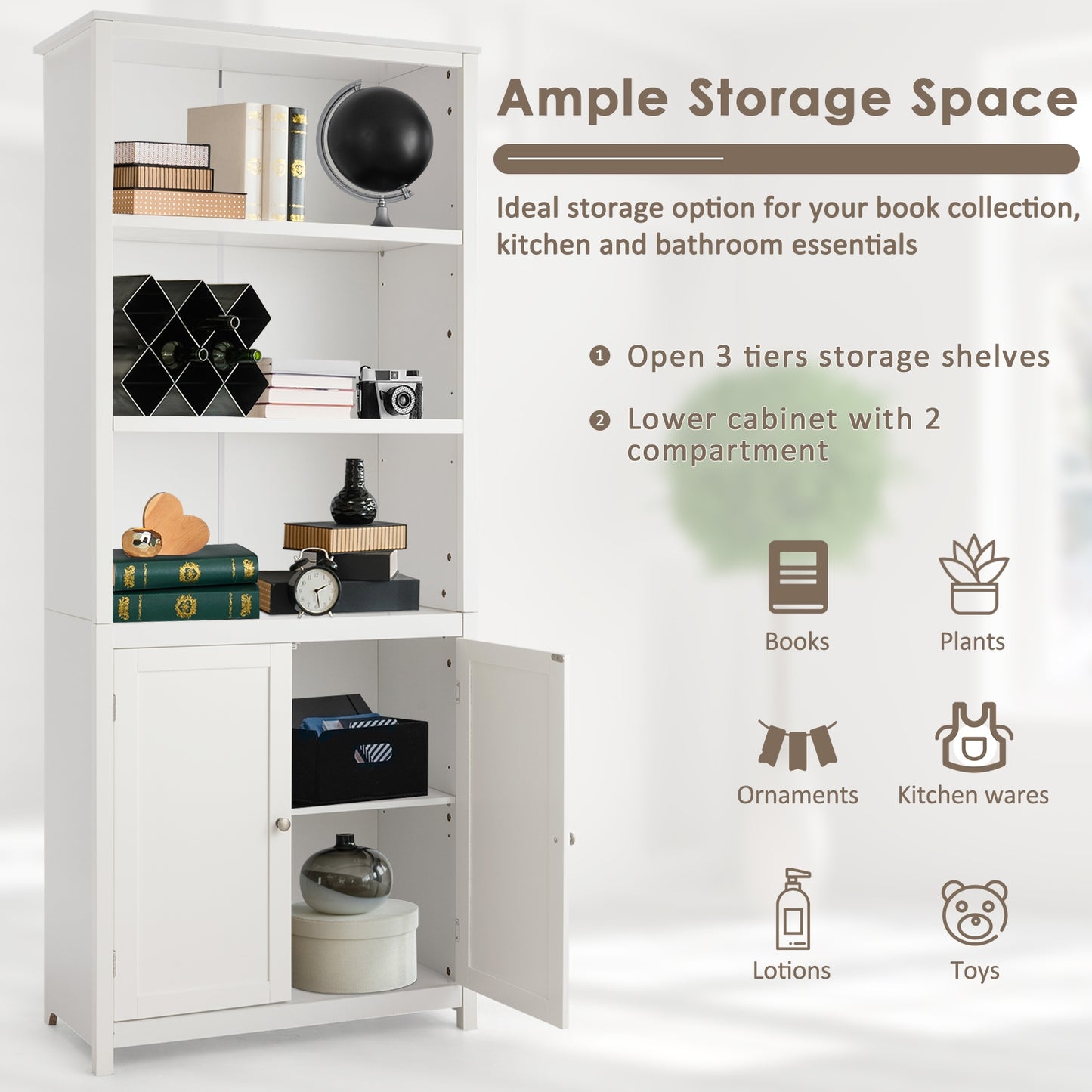 Bookcase Shelving Storage Wooden Cabinet Unit Standing Display Bookcase with Doors-White Kids Crystal