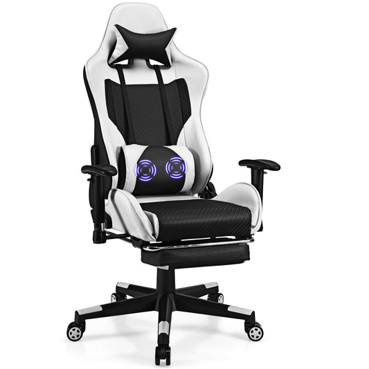 PU Leather Gaming Chair with USB Massage Lumbar Pillow and Footrest-White Kids Crystal