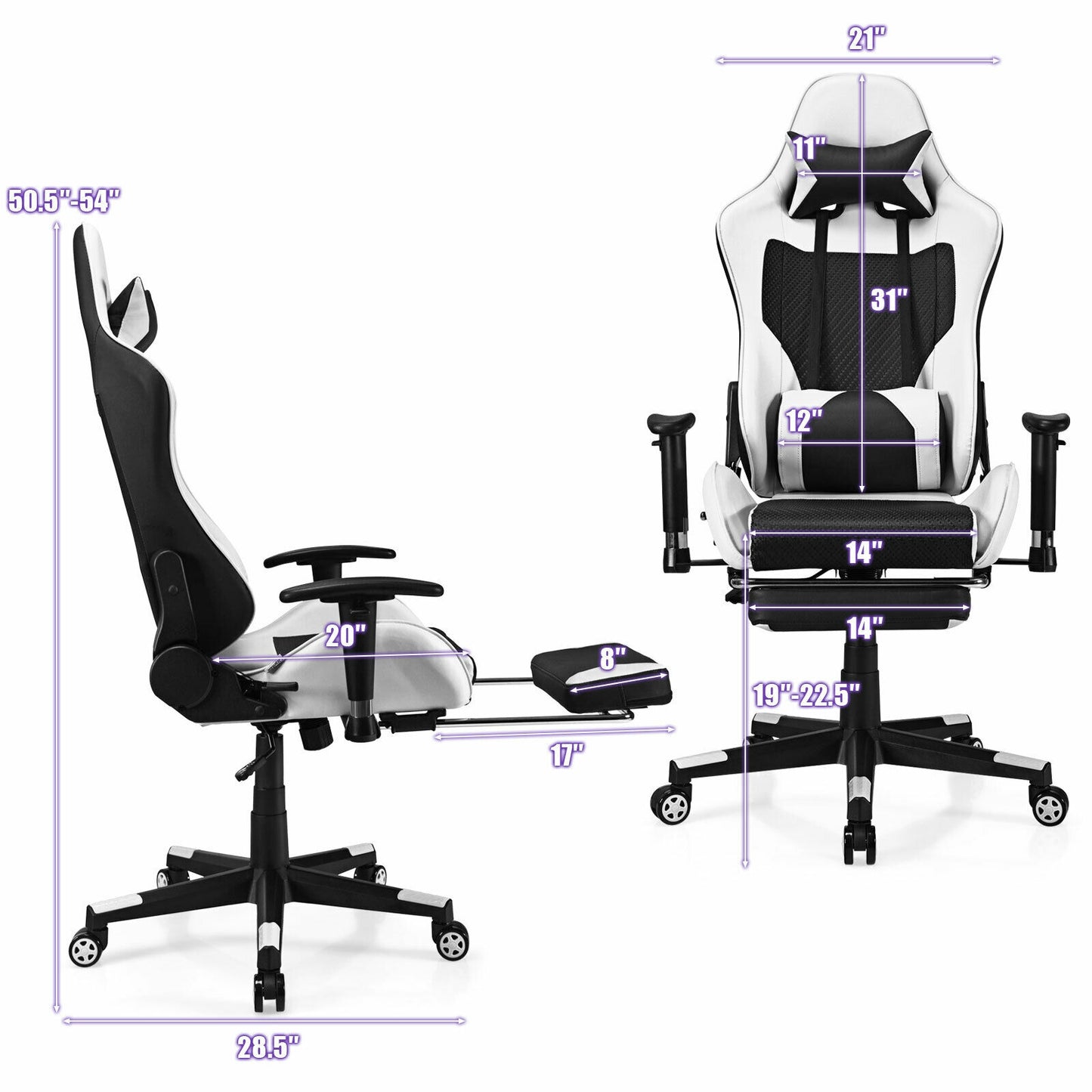 PU Leather Gaming Chair with USB Massage Lumbar Pillow and Footrest-White Kids Crystal