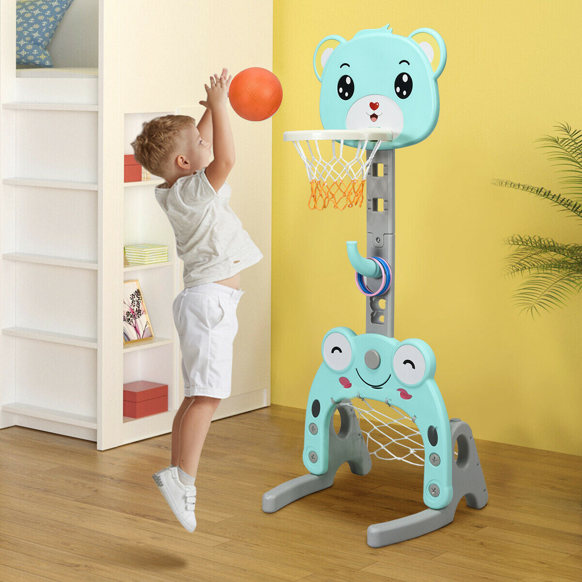 Adjustable Kids 3-in-1 Basketball Hoop Set Stand with Balls Kids Crystal