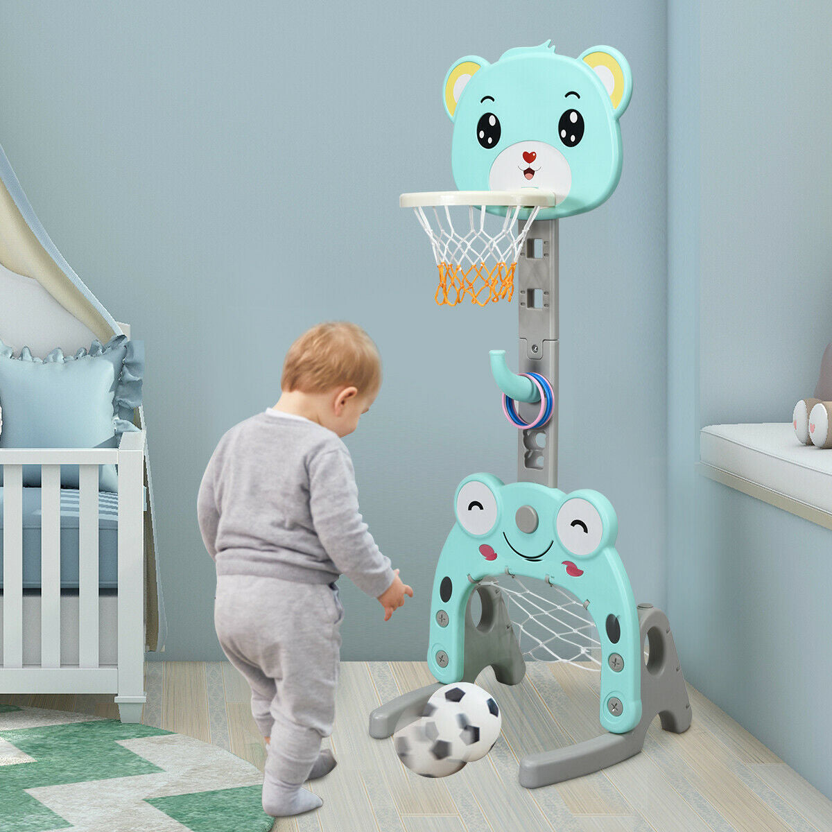 Adjustable Kids 3-in-1 Basketball Hoop Set Stand with Balls Kids Crystal