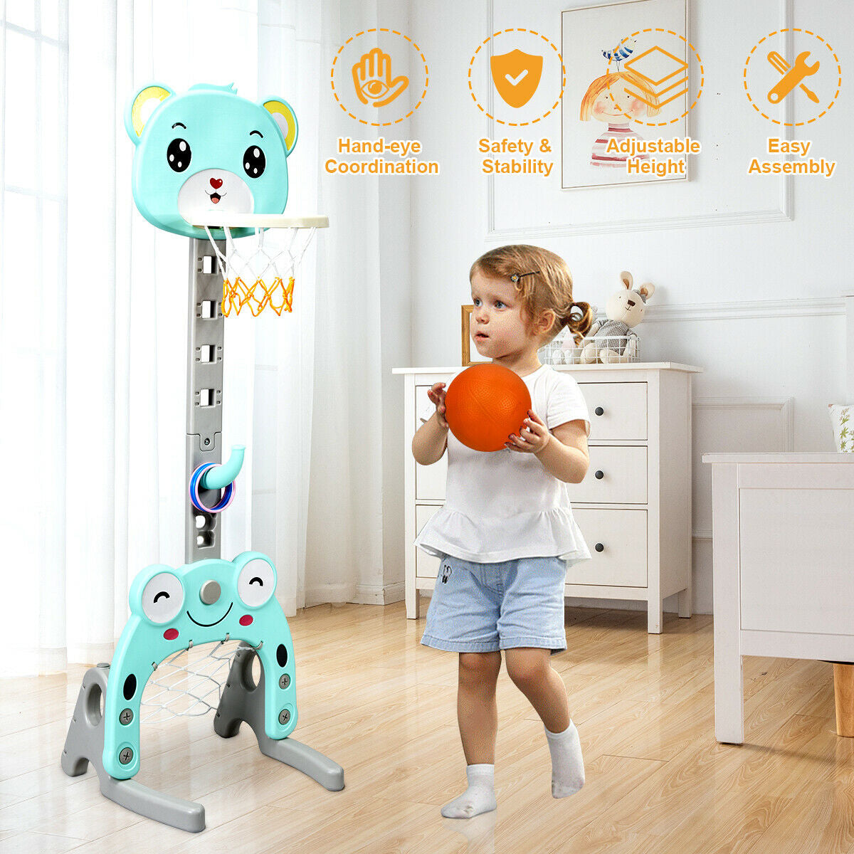 Adjustable Kids 3-in-1 Basketball Hoop Set Stand with Balls Kids Crystal
