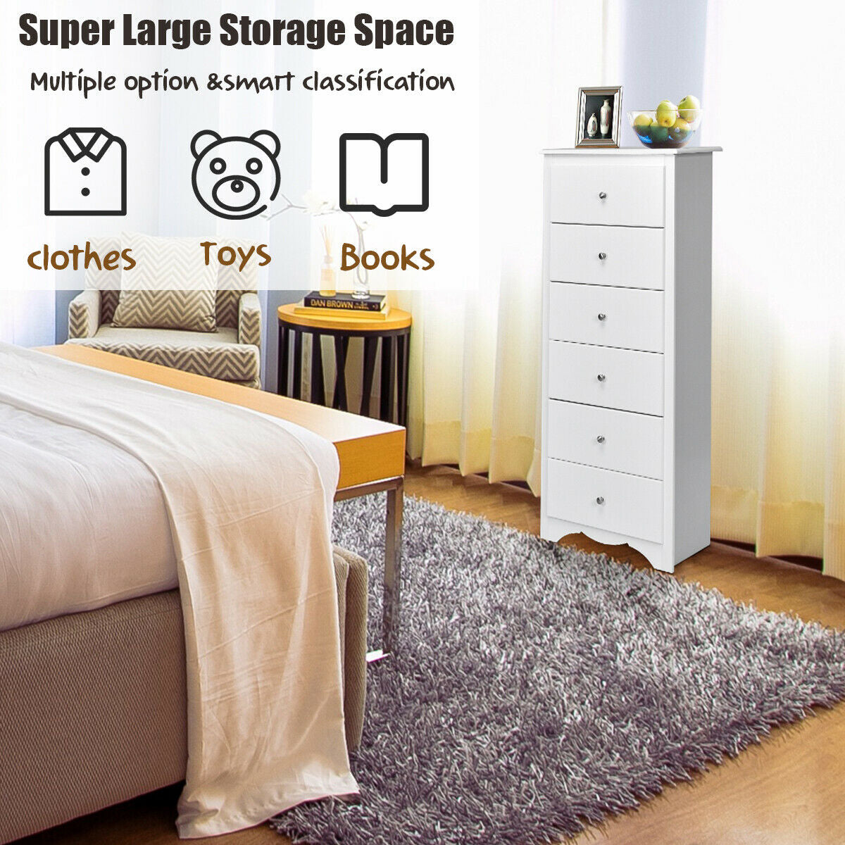6 Drawers Chest Dresser Clothes Storage Bedroom Furniture Cabinet-White Kids Crystal