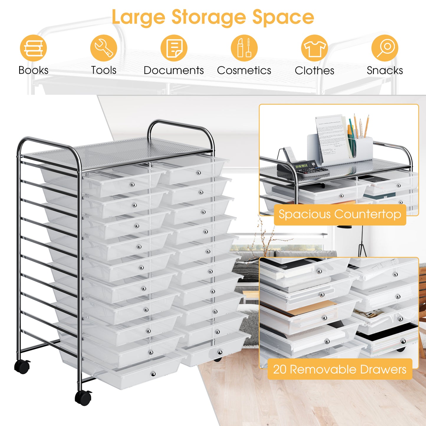 20 Drawers Storage Rolling Cart Studio Organizer-Clear Kids Crystal