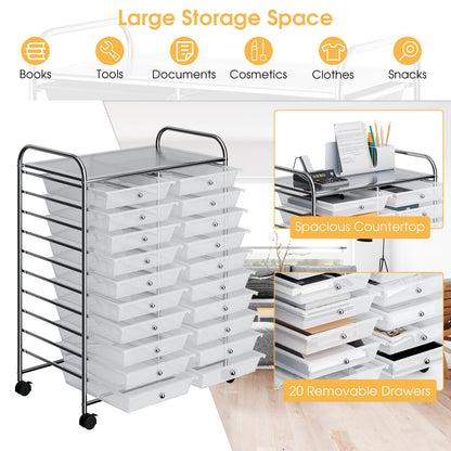 20 Drawers Storage Rolling Cart Studio Organizer-Clear