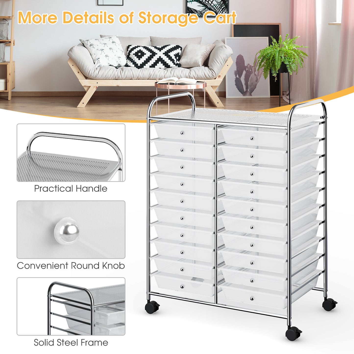 20 Drawers Storage Rolling Cart Studio Organizer-Clear Kids Crystal
